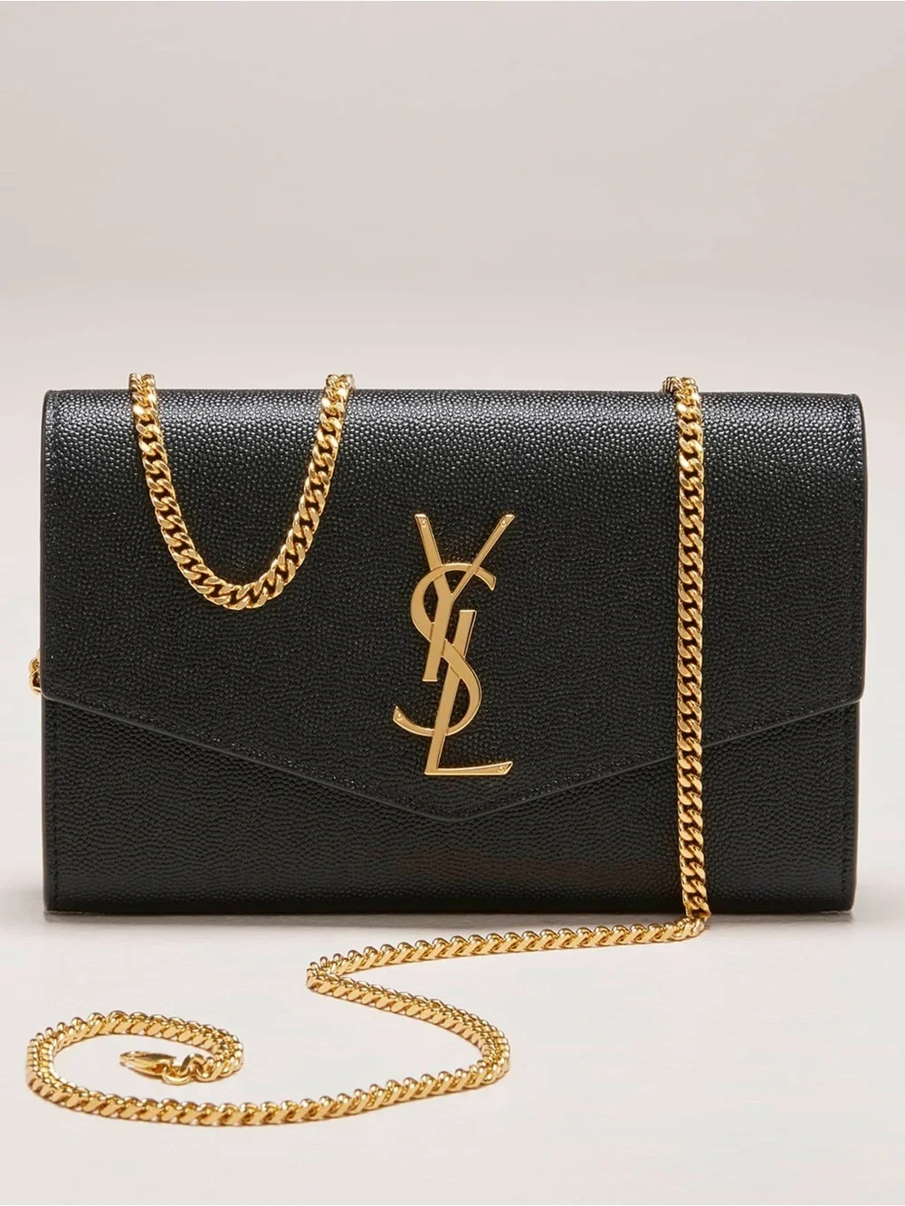YSL Yves Saint Laurent Black Grain Leather Wallet-on-Chain with Gold Logo